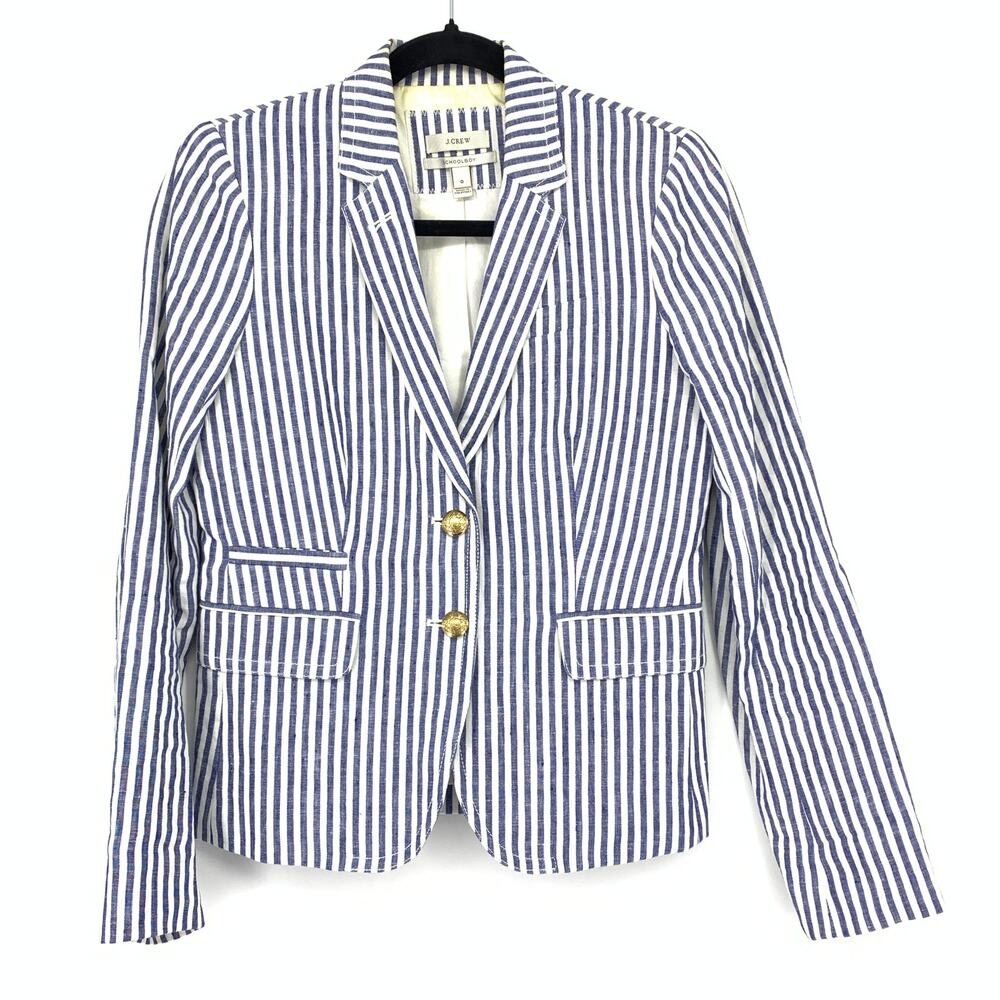 J. Crew Schoolboy Blazer Jacket Womens Sz 0 Blue White Striped Linen Two Button